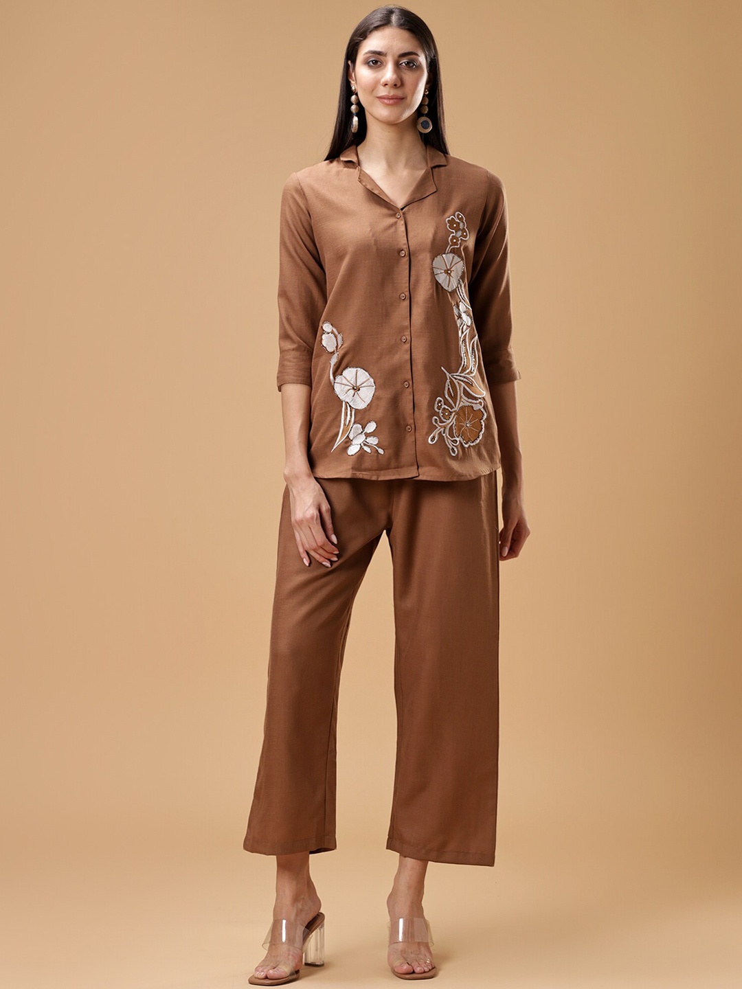 

Bani Women Solid Embroidered Shirt Collar Shirt & Palazzos Co-Ords, Brown