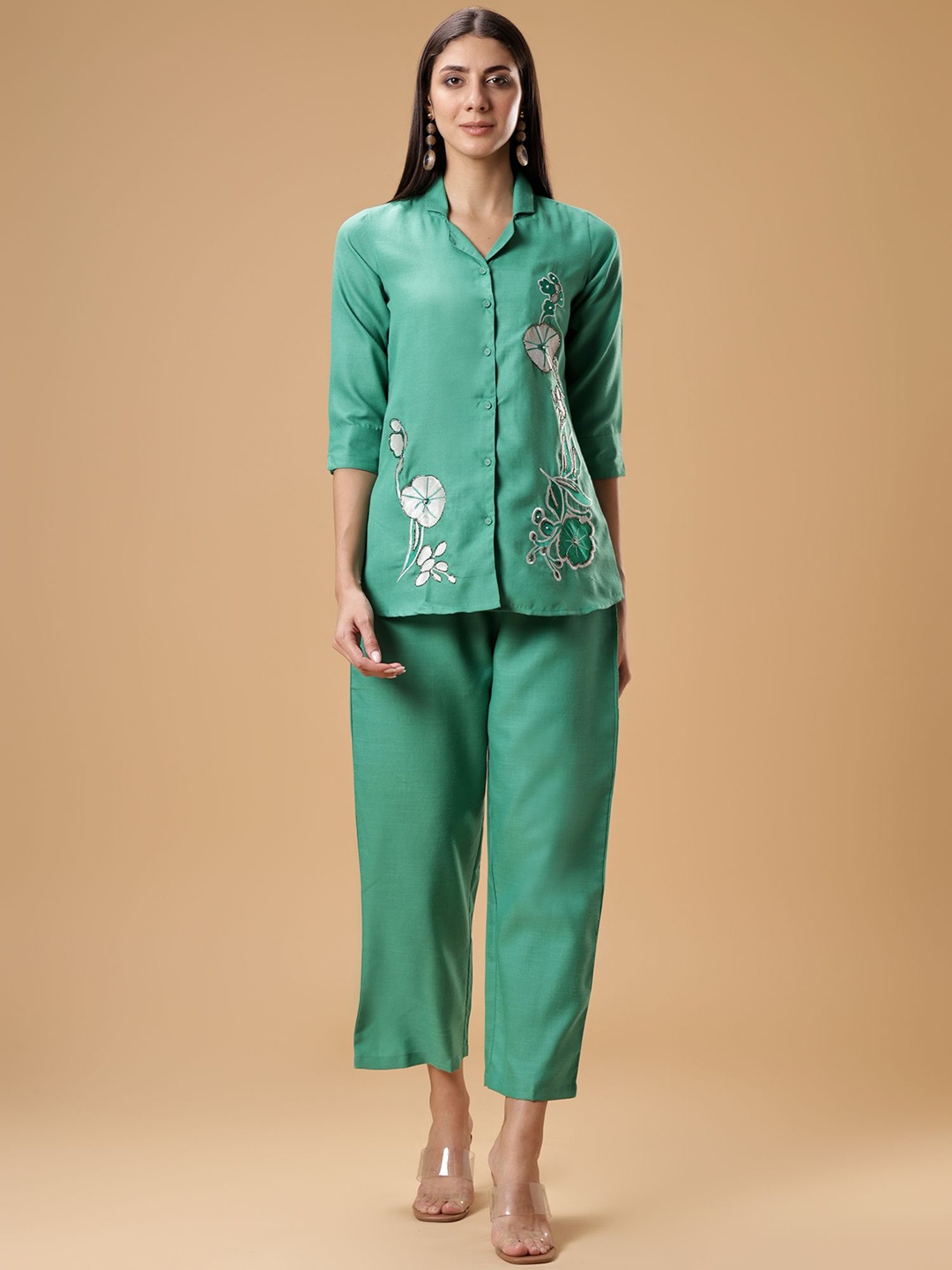 

Bani Women Solid Embroidered Shirt Collar Shirt & Palazzos Co-Ords, Green