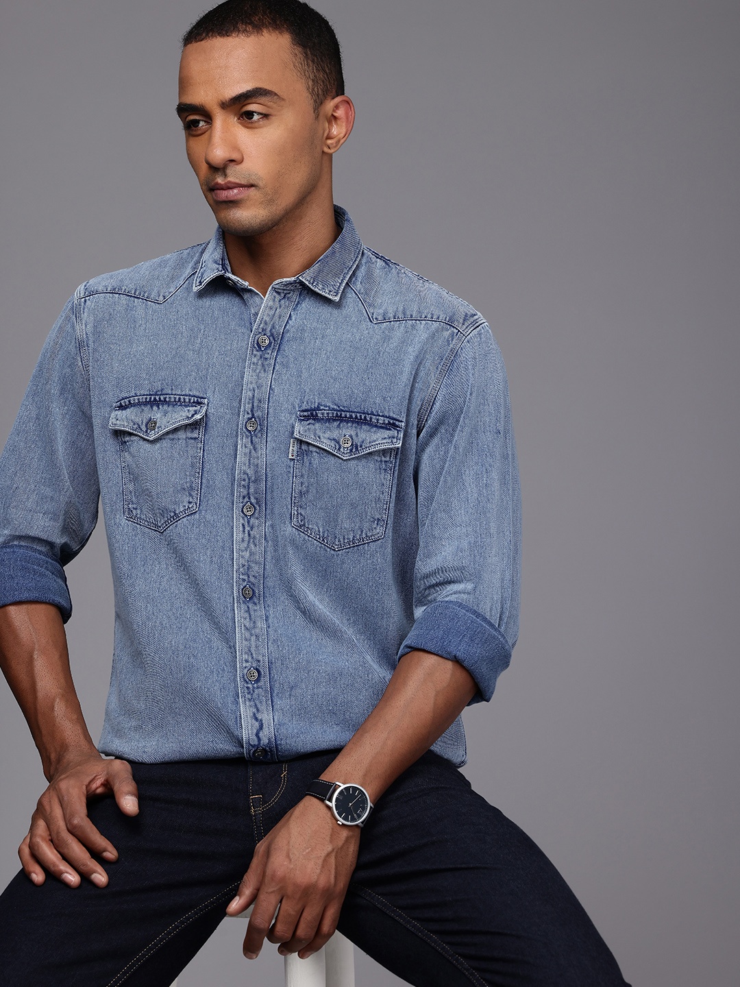 

Louis Philippe Jeans Pure Cotton Slim Fit Denim Casual Shirt, Blue