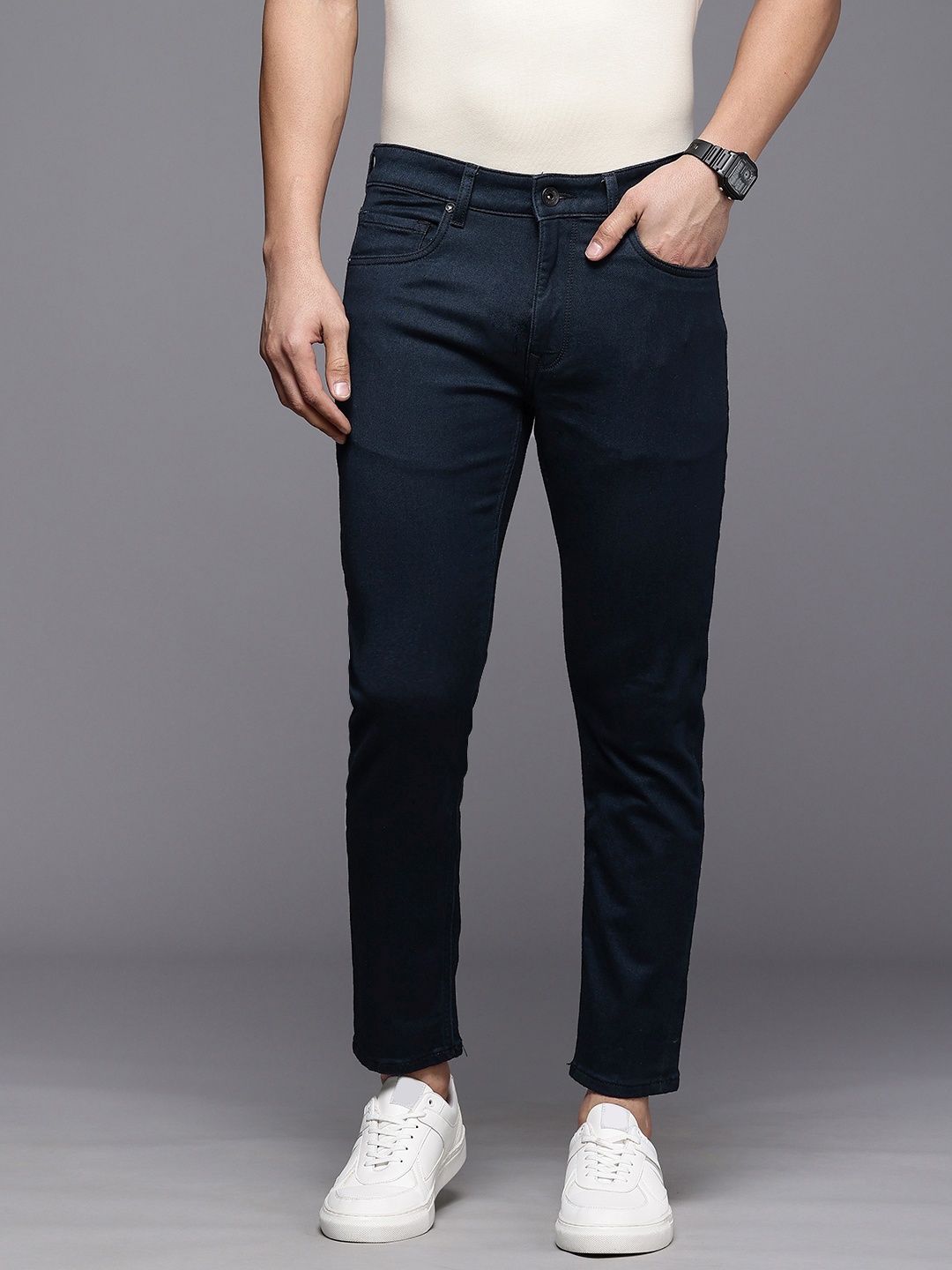 

Louis Philippe Jeans Men Smart Skinny Fit Stretchable Cropped Jeans, Navy blue