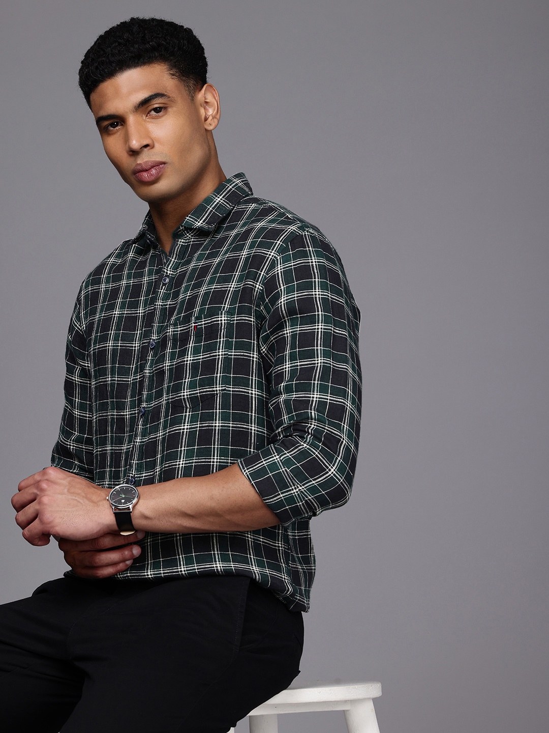 

Louis Philippe Jeans Pure Linen Slim Fit Checked Casual Shirt, Green