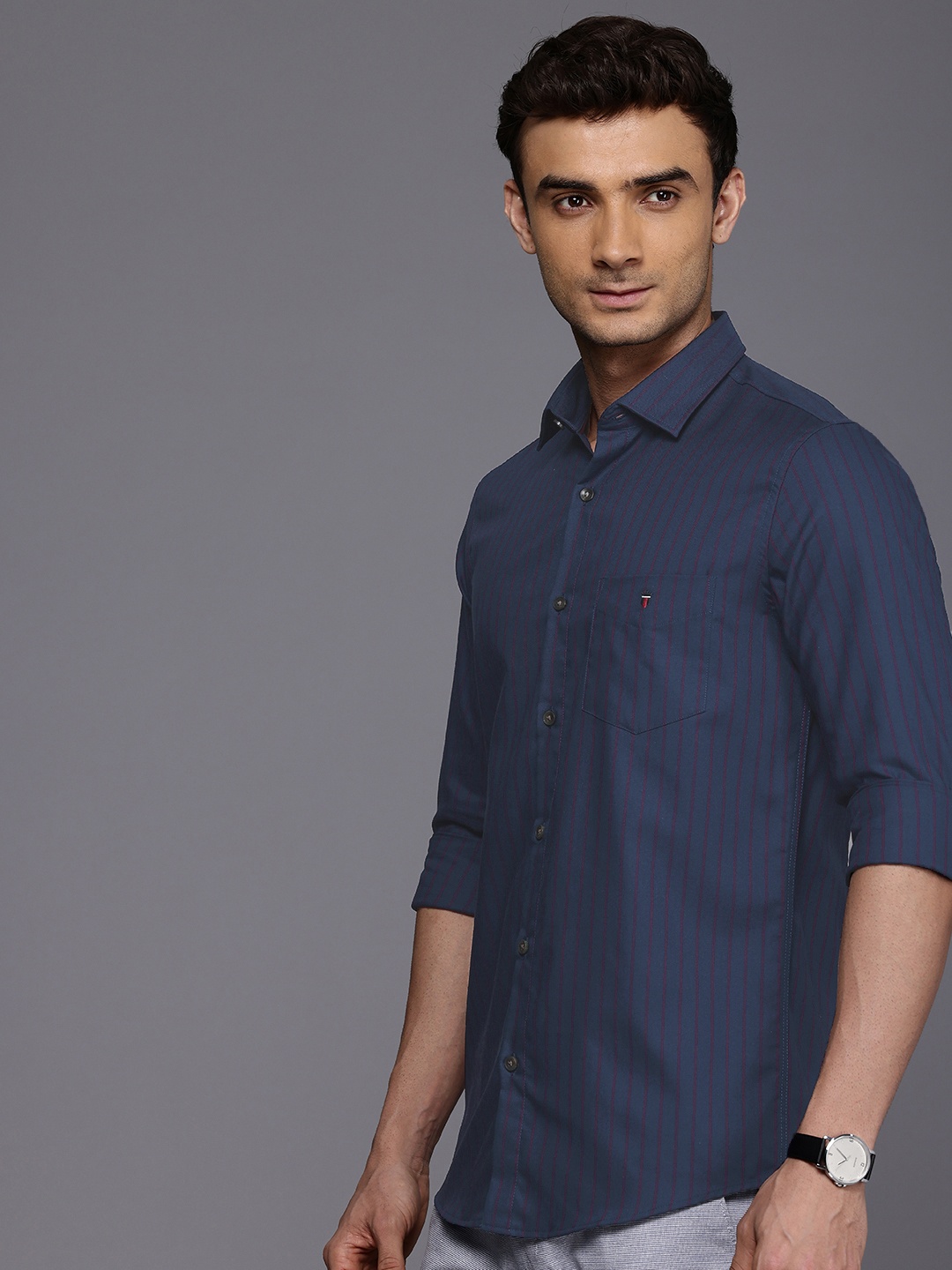 

Louis Philippe Sport Slim Fit Striped Pure Cotton Casual Shirt, Navy blue