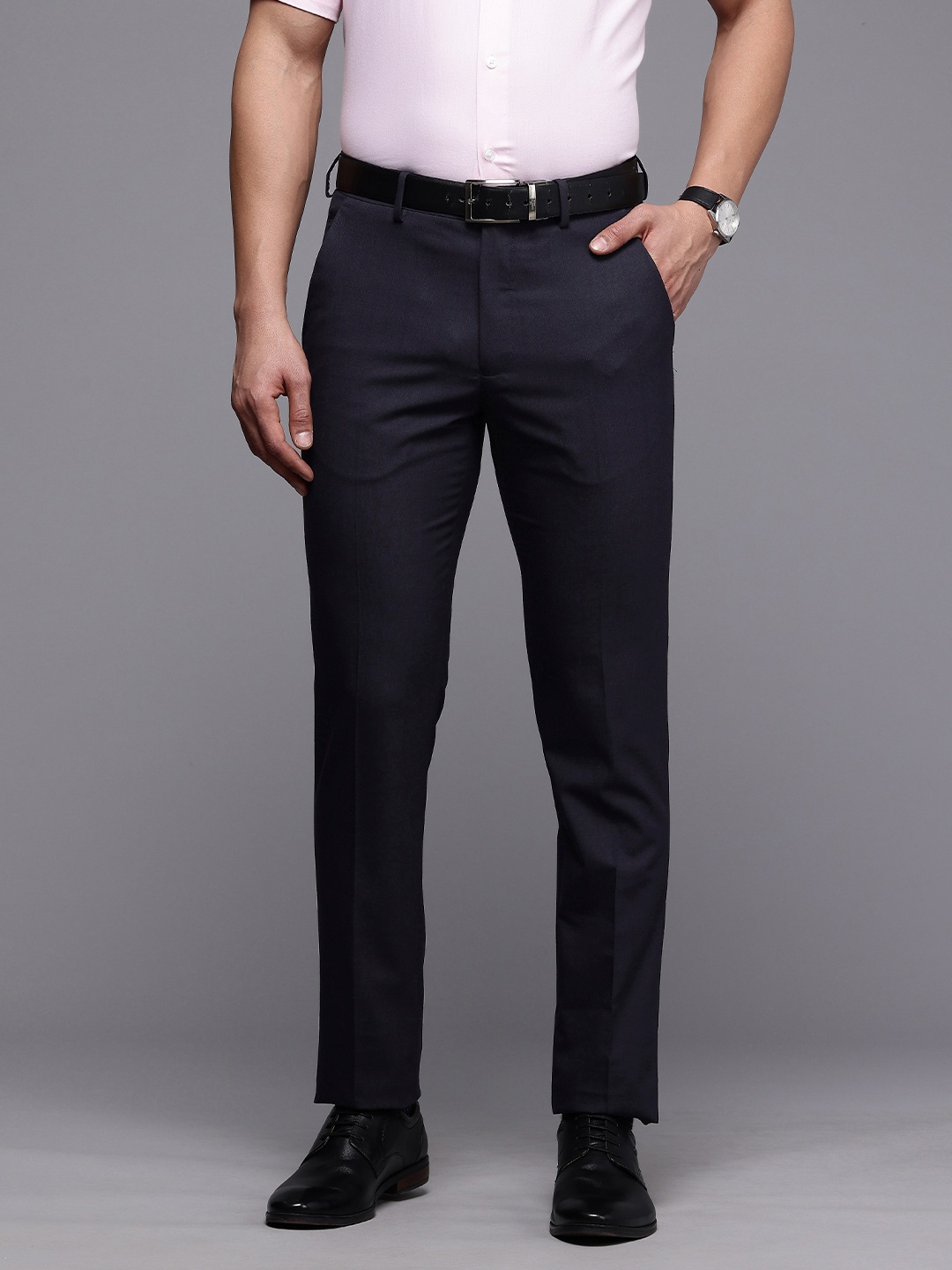 

Louis Philippe Men Super Slim Fit Checked Formal Trousers, Navy blue