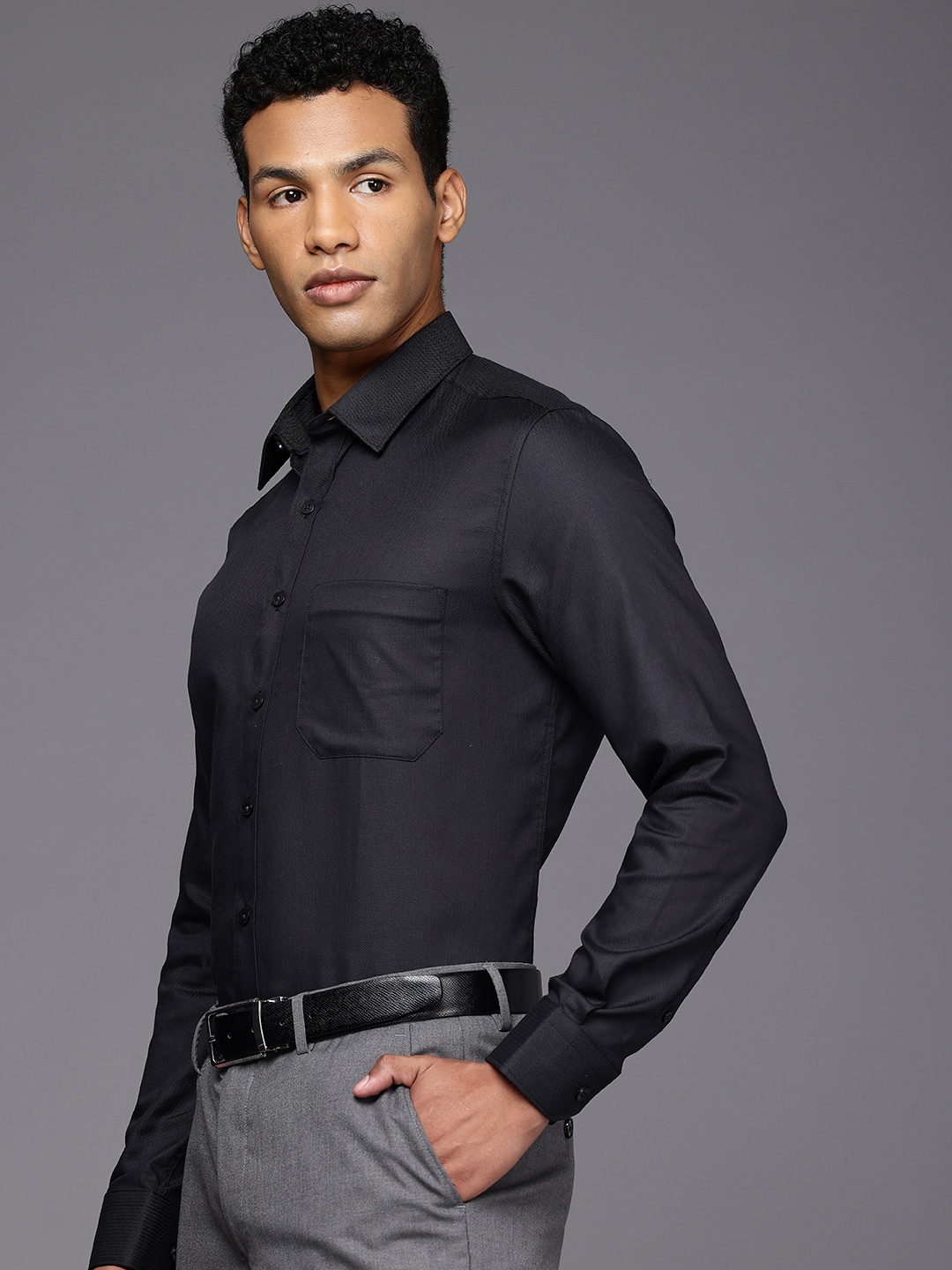 

Louis Philippe Pure Cotton Textured Slim Fit Opaque Formal Shirt, Black