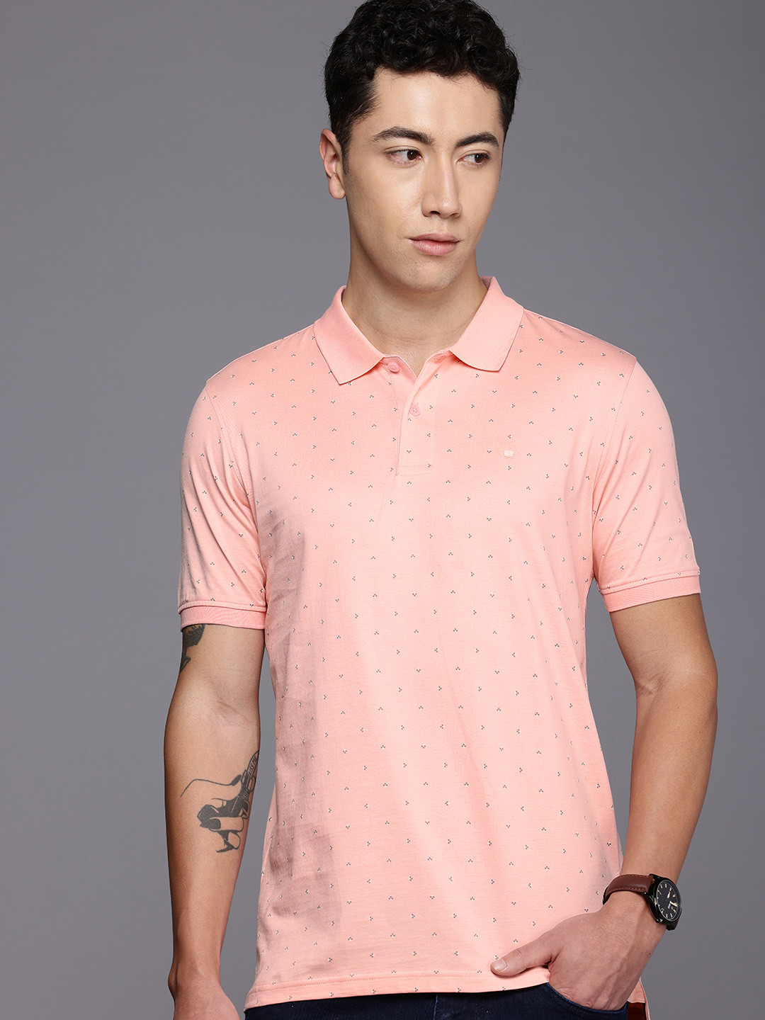 

Louis Philippe Floral Printed Polo Collar Pure Cotton T-shirt, Peach