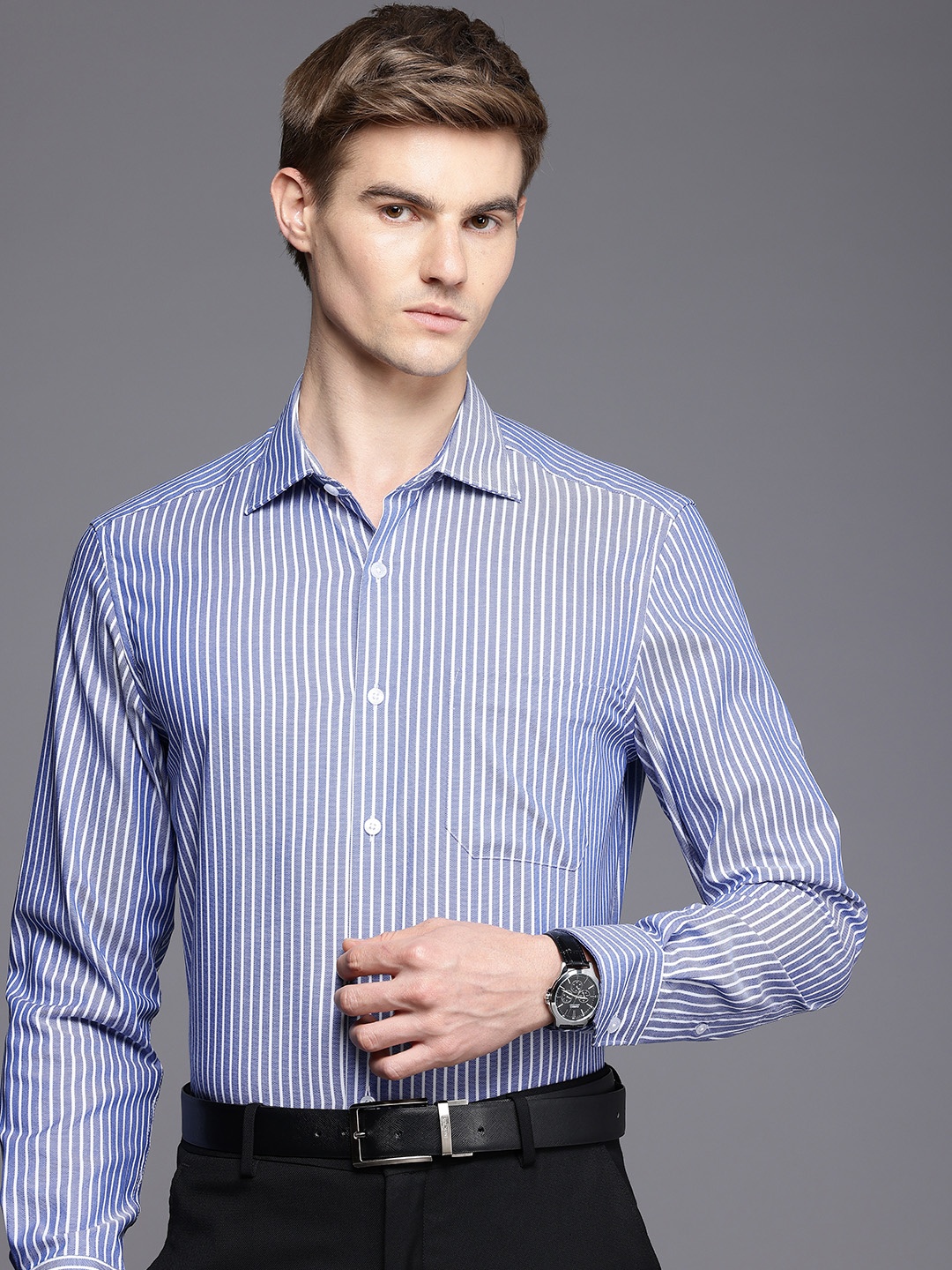 

Louis Philippe Pure Cotton Classic Fit Opaque Striped Formal Shirt, Blue