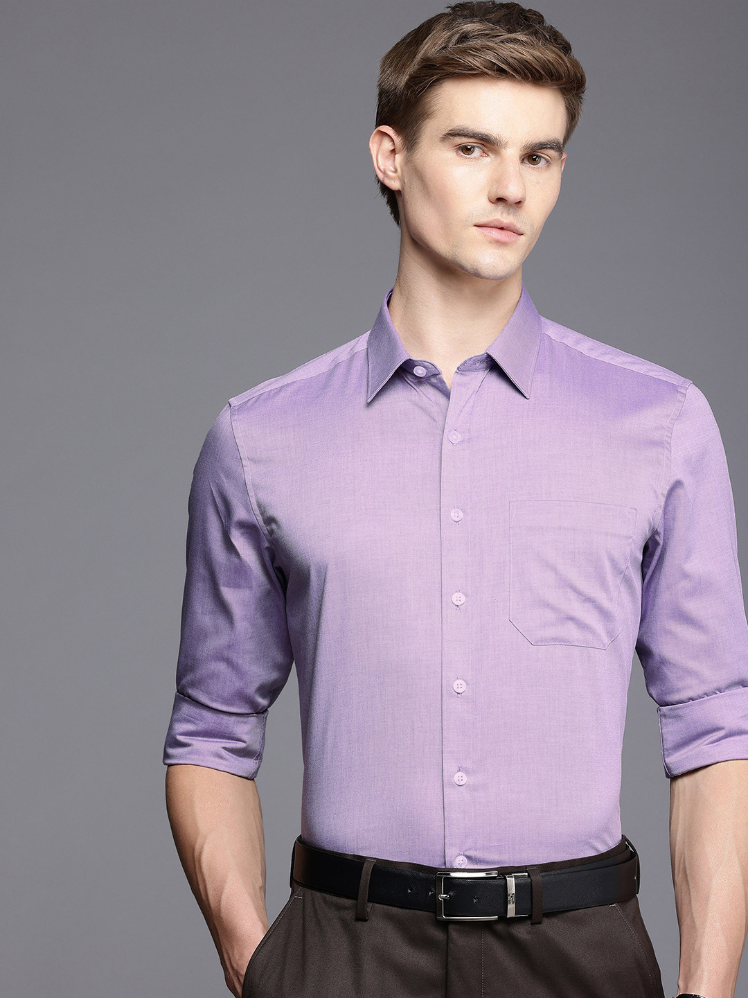 

Louis Philippe Slim Fit Cutaway Collar Pure Cotton Formal Shirt, Purple