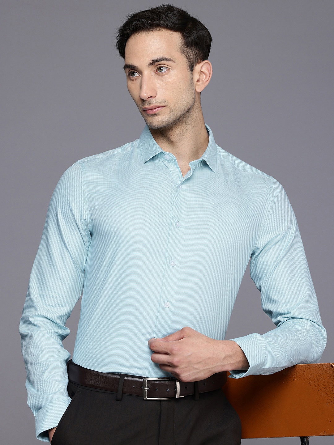

Louis Philippe Super Slim Fit Textured Pure Cotton Formal Shirt, Blue