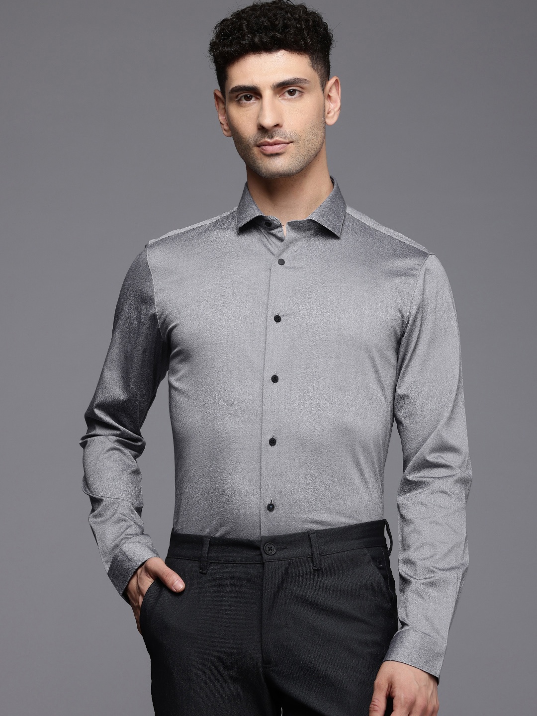 

Louis Philippe Ath.Work Pure Cotton Self Design Textured Super Slim Fit Semiformal Shirt, Grey