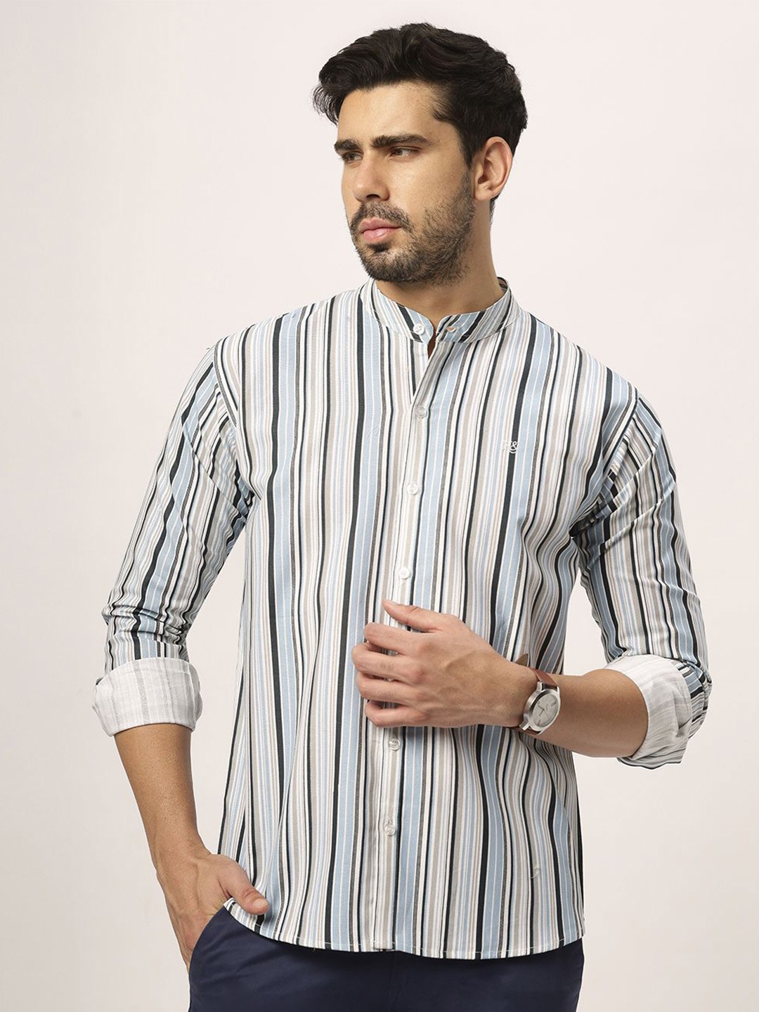 

N AND J Men Relaxed Opaque Striped Casual Shirt, Blue