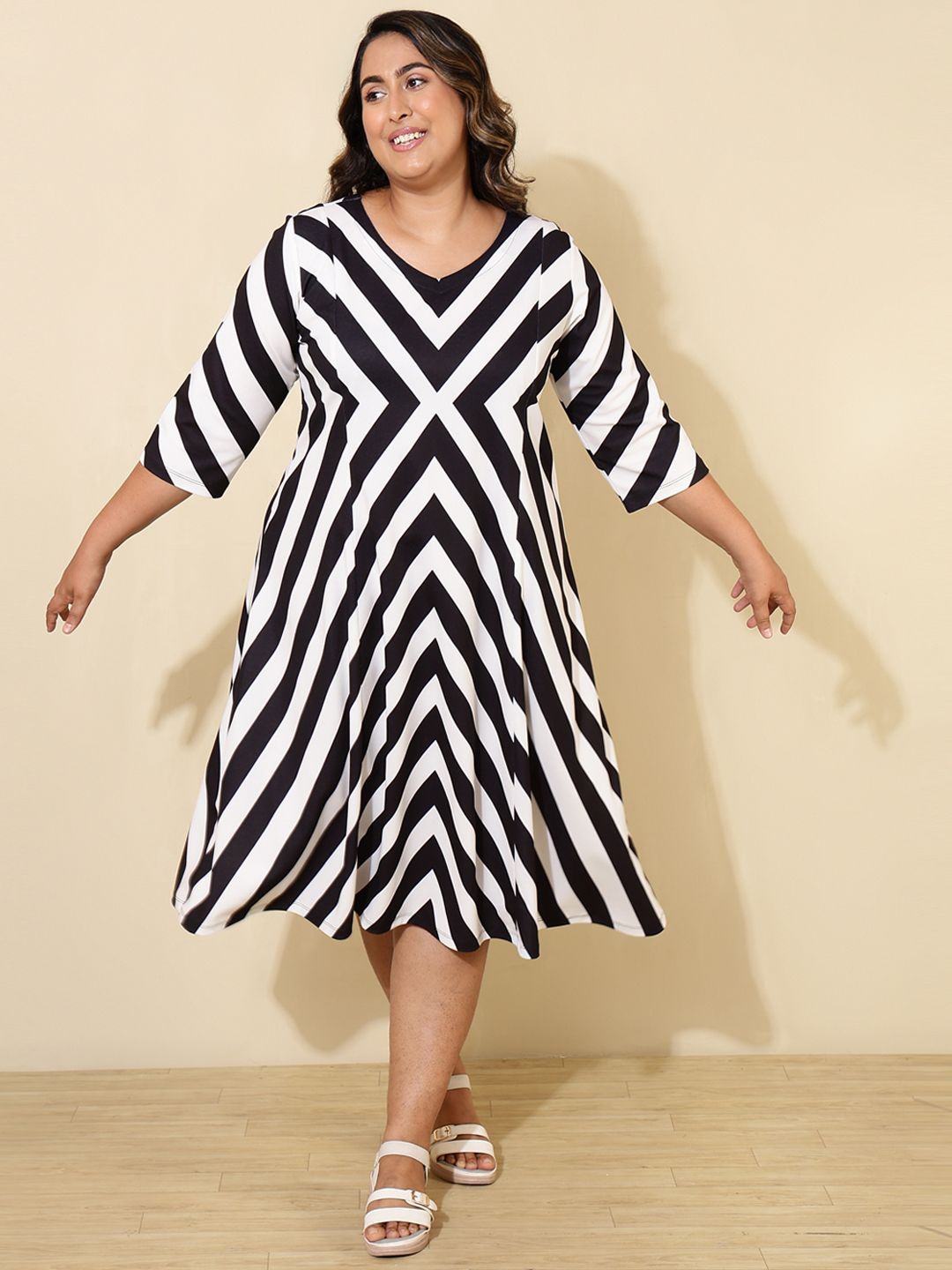 

Amydus Plus Size Striped Empire Midi Dress, Black