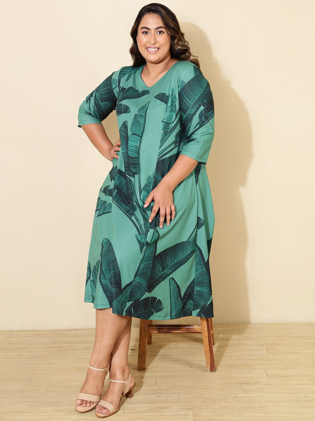 

Amydus Plus Size Print A-Line Midi Dress, Green