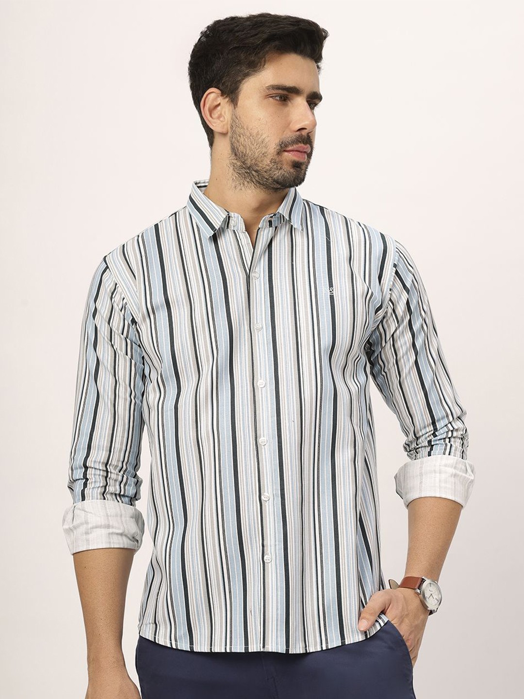 

N AND J Men Relaxed Opaque Striped Casual Shirt, Blue