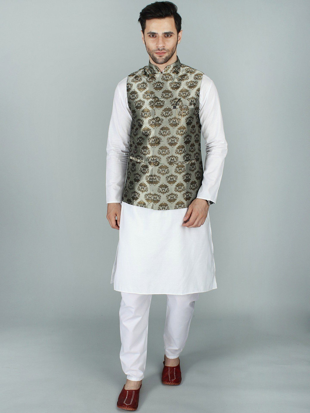 

Exotic India Asymmetric Gold Brocade Modi Nehru Jacket, Green