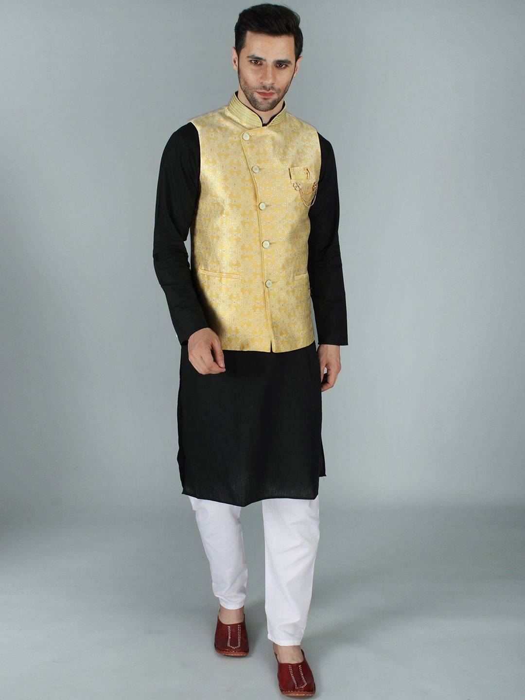 

Exotic India Asymmetric Jacquard Silk Modi Nehru Jacket, Yellow