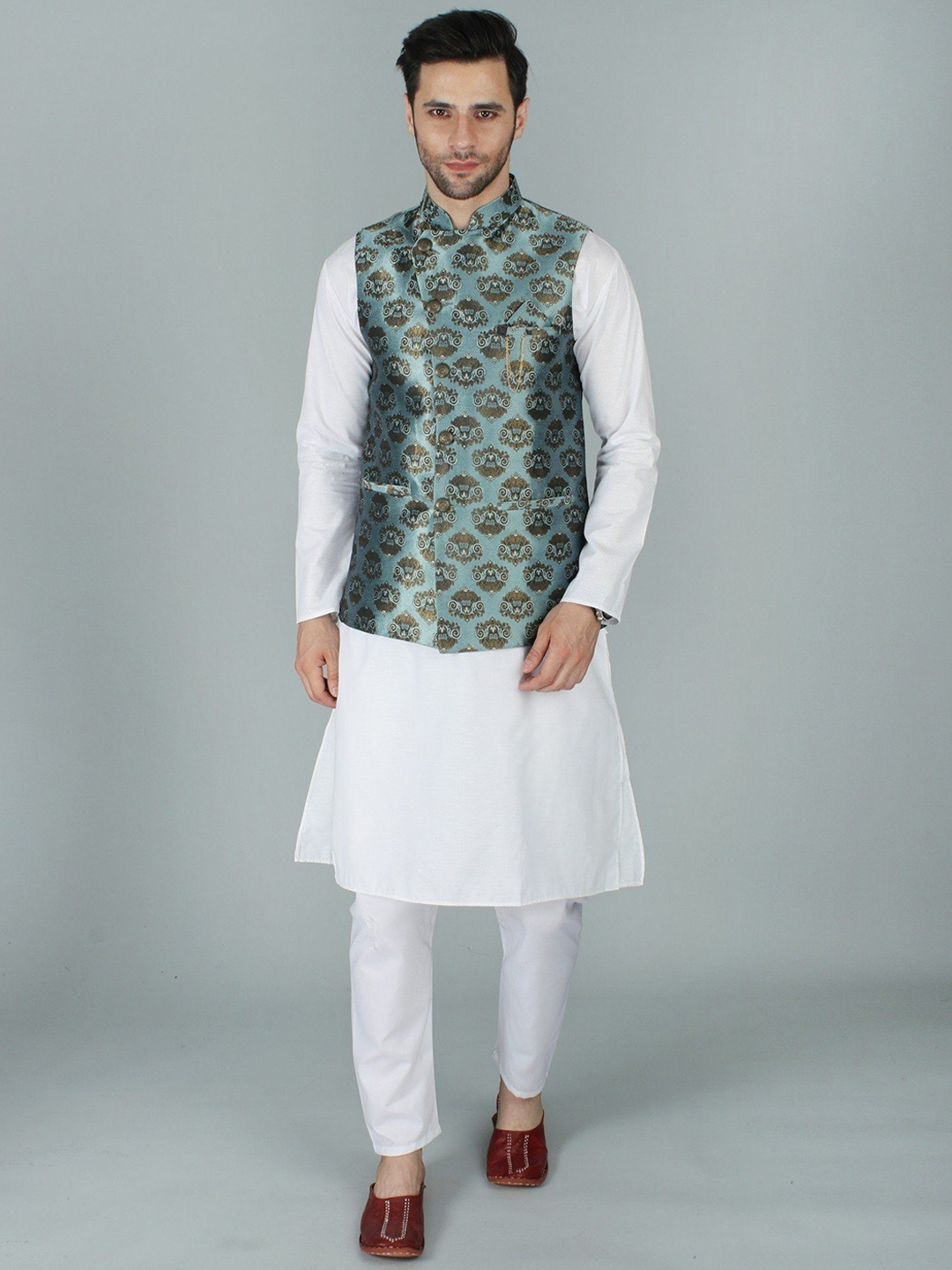 

Exotic India Asymmetric Gold Brocade Modi Nehru Jacket, Blue