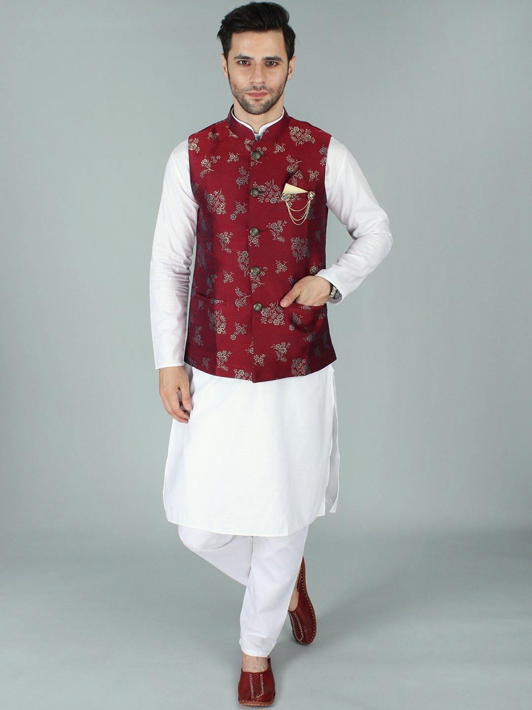 

Exotic India Winery Brocaded Modi Jacket Waist Coat with Golden Floral Motif, Red