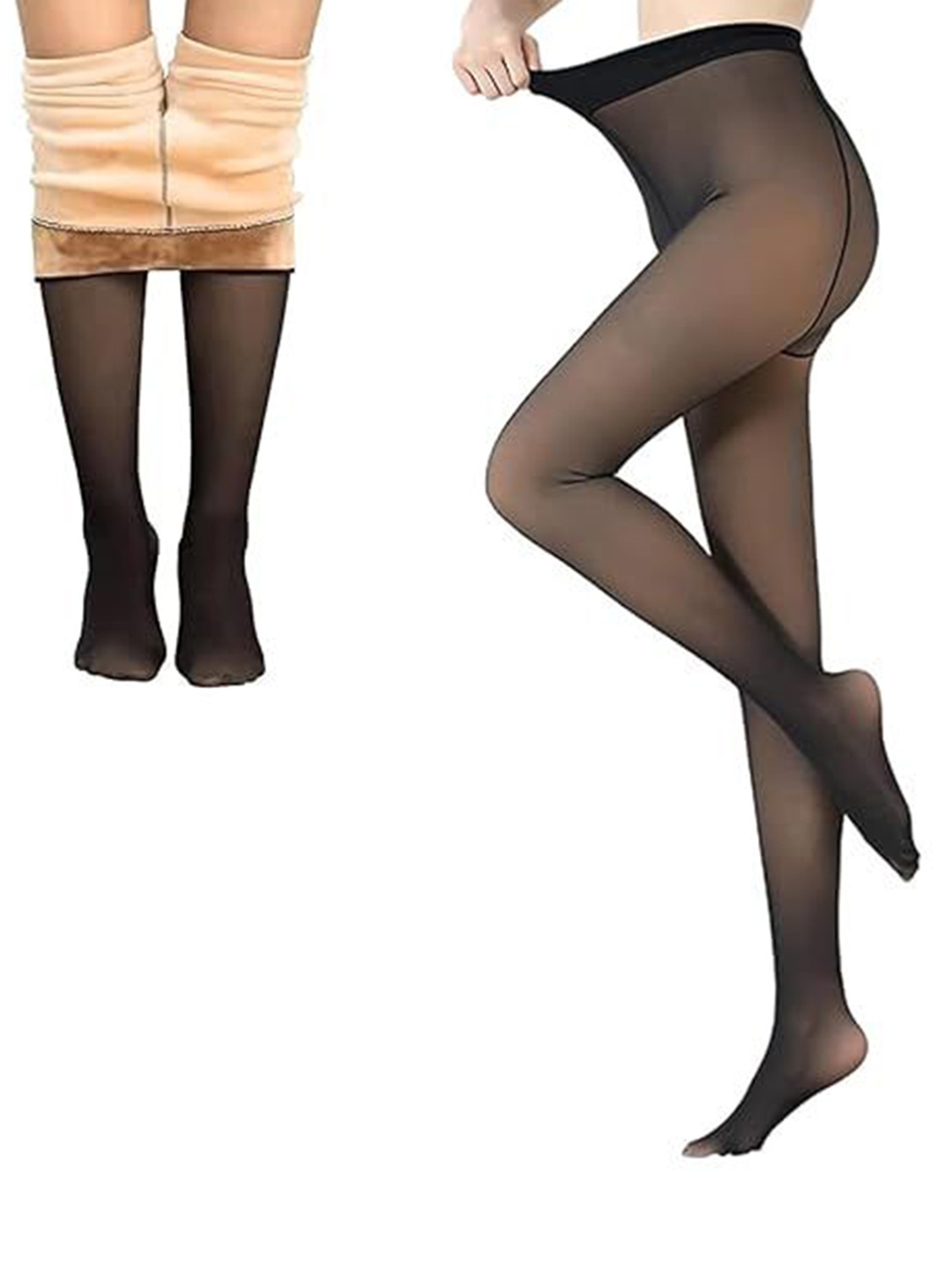 

Brauch Women High Waist Dual Toned Fleece Fur Stretchable Stocking, Black