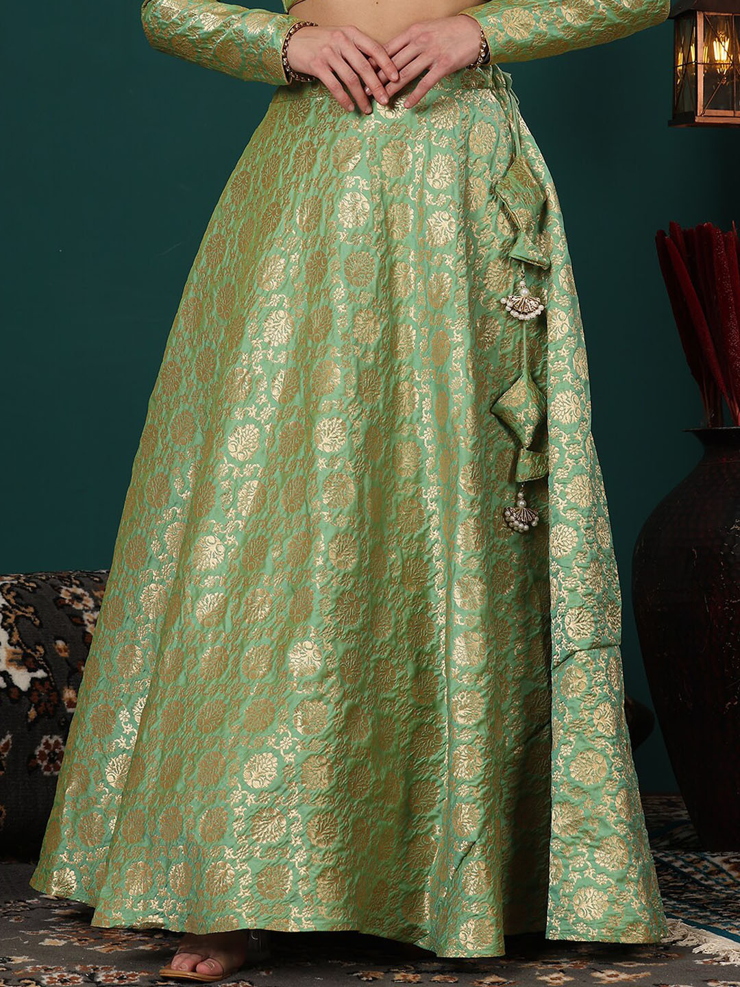 

Ethnovog Woven Design Ready To Wear Maxi Skirts, Green