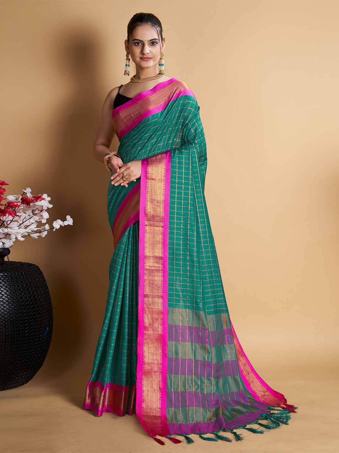 

bansari textiles Checked Zari Banarasi Saree, Turquoise blue