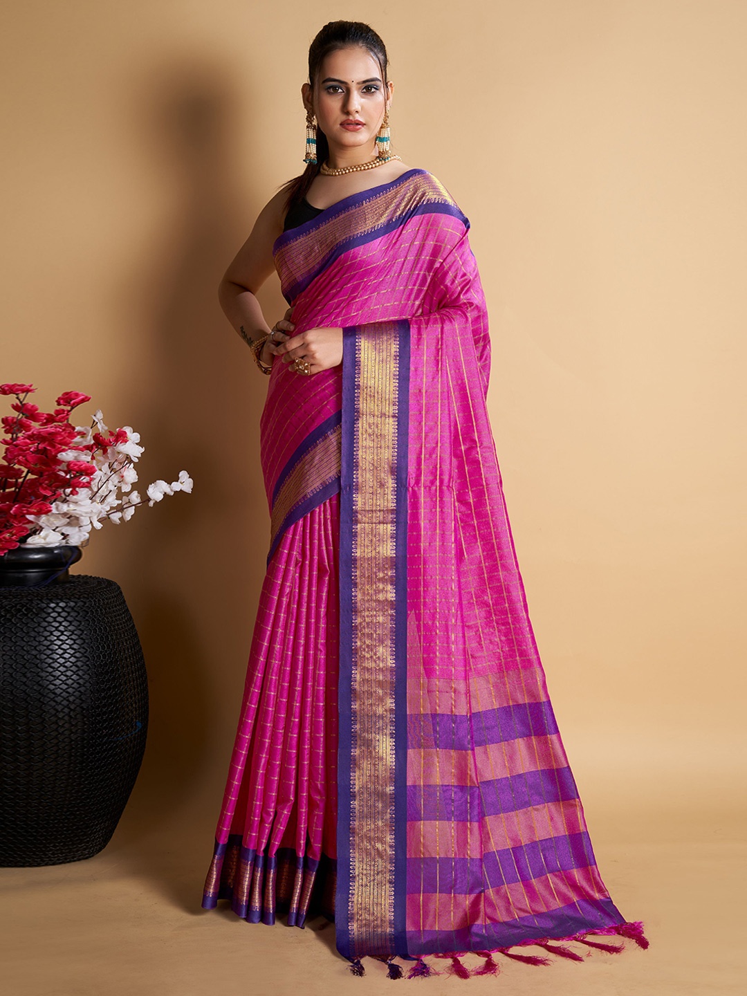 

bansari textiles Ethnic Motifs Zari Banarasi Saree, Pink