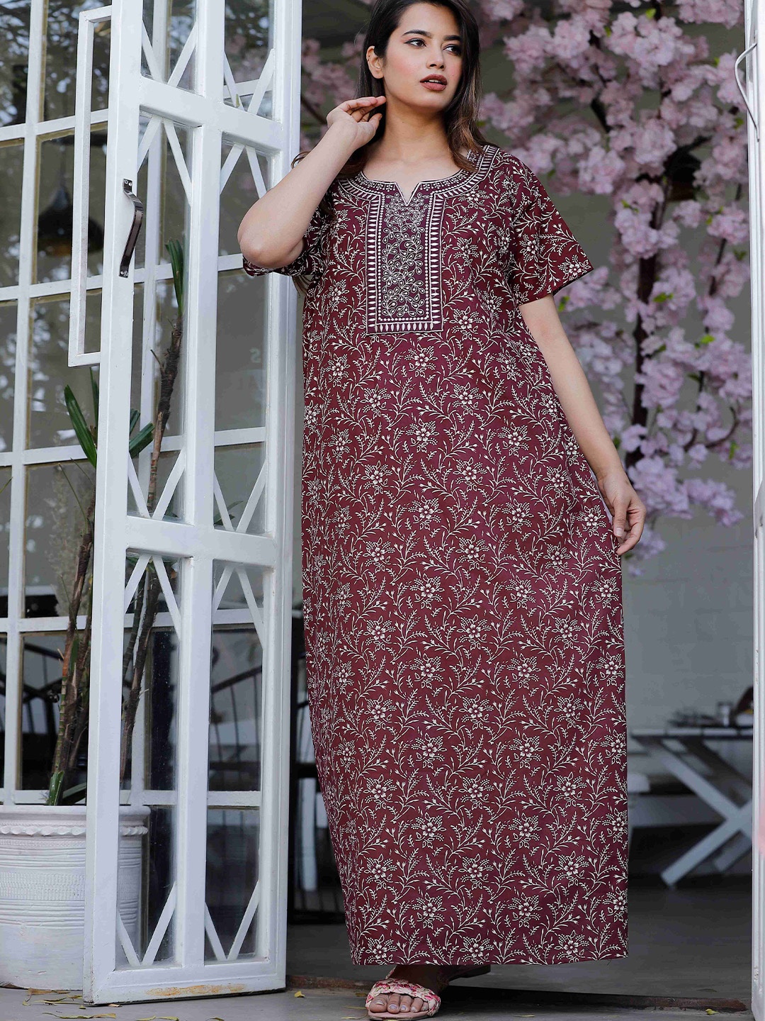 

G4Girl Cotton Printed Nightdress, Maroon