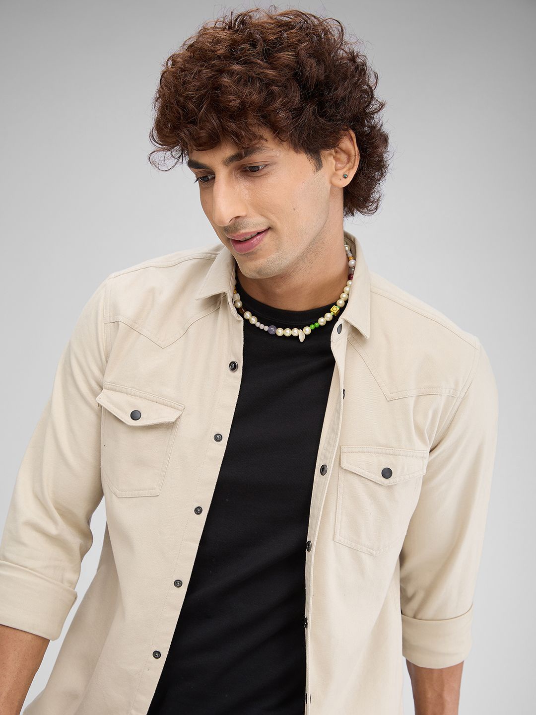 

VASTRADO Men Double Pocket Cotton Overshirt, Beige