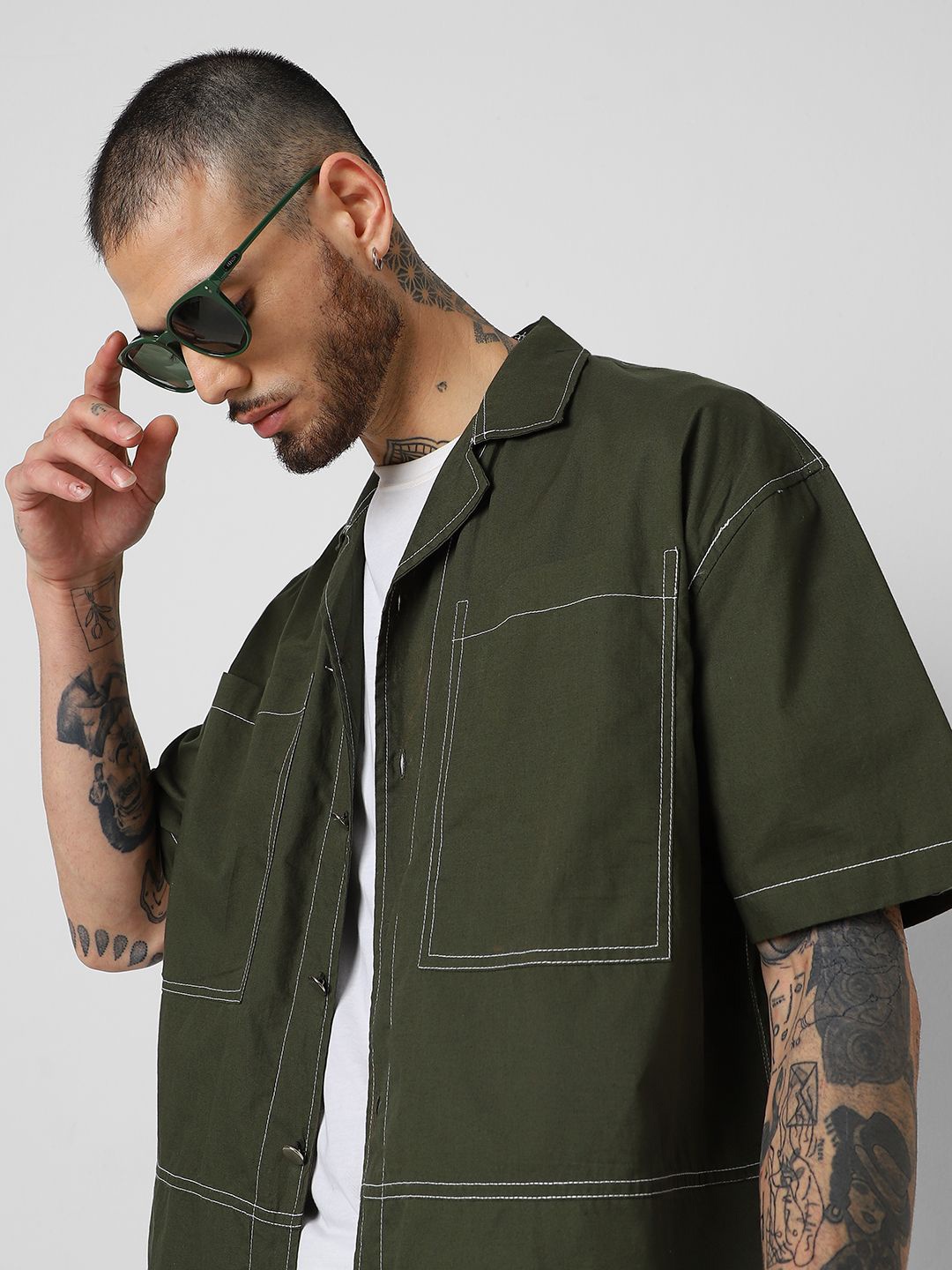 

VASTRADO Men Double Pocket Oversized Cropped Shirt, Olive