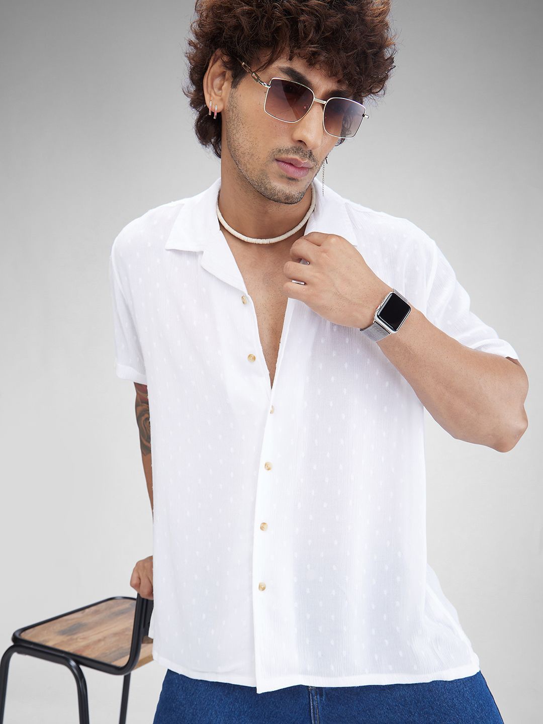 

VASTRADO Men Dobby Crepe Cotton Oversized Shirt, White