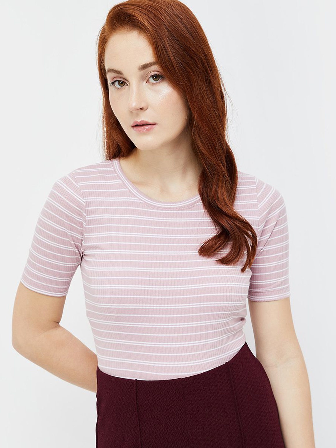 

CODE by Lifestyle Striped Round Neck Cotton Top, Pink