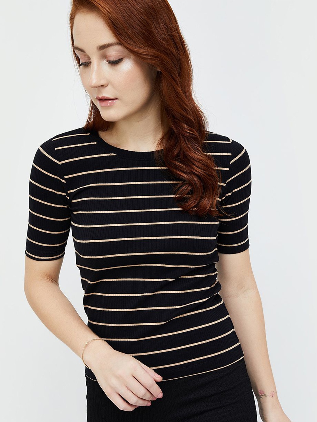 

CODE by Lifestyle Striped Round Neck Cotton Top, Black