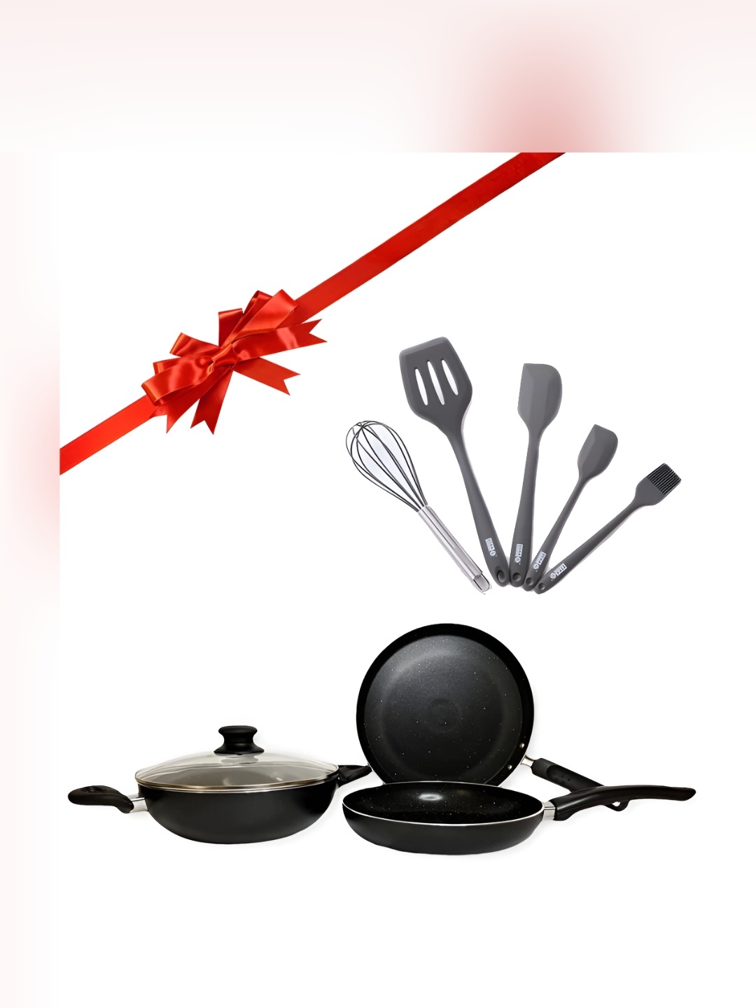 

USHA SHRIRAM 3-Pcs Non Stick Tawa+Frying Pan+Kadhai With Lid & 5-Pcs Spatula Set, Black