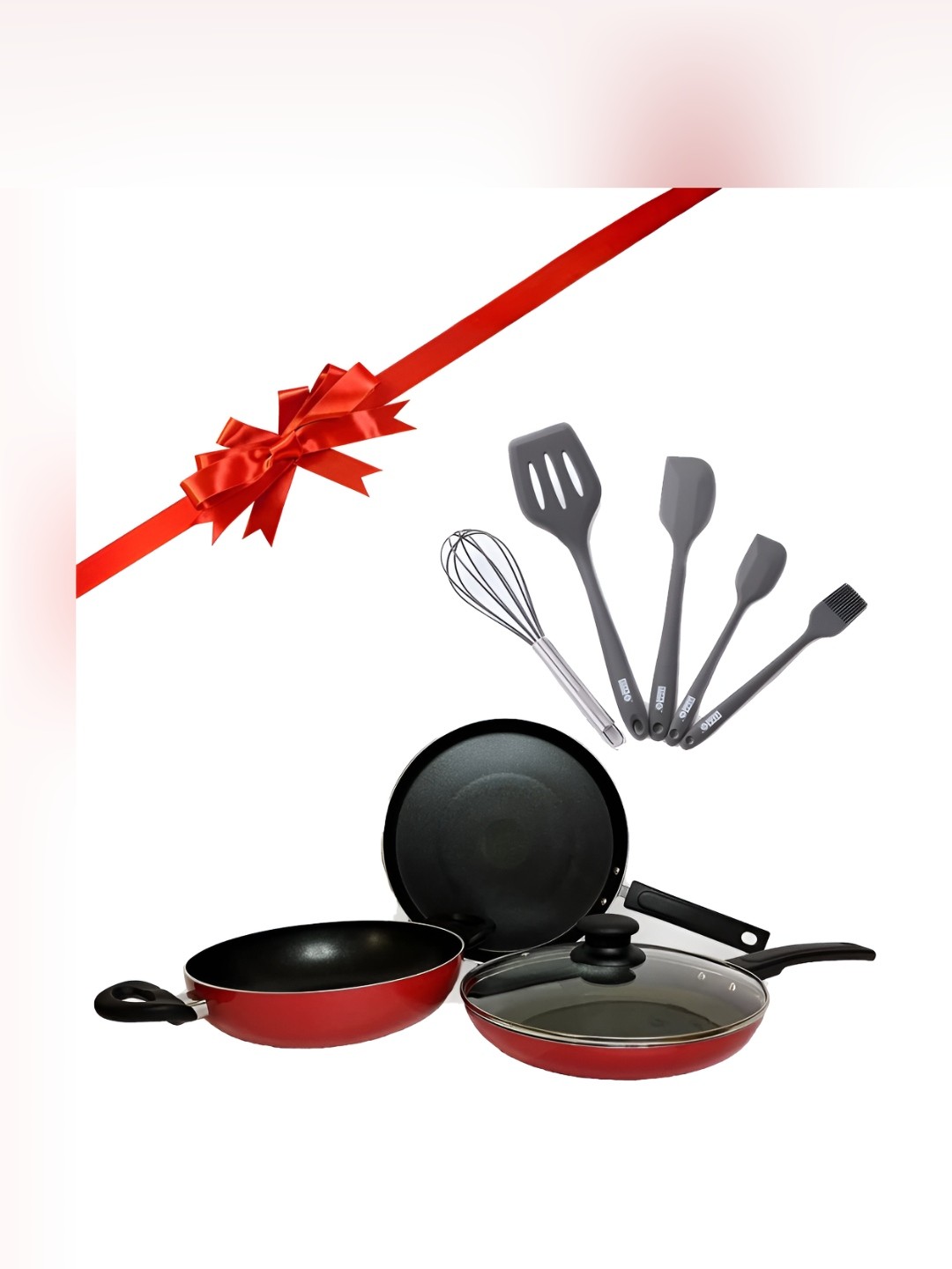 

USHA SHRIRAM 3 Pieces Non Stick Tawa+Frying Pan+Kadhai With Lid & 5-Pcs Spatula Set, Black