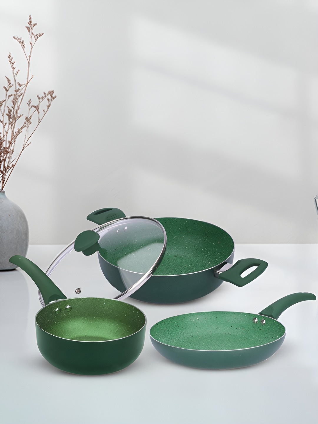 

USHA SHRIRAM Green 3 Pieces Non Stick Fry Pan with Sauce Pan & Kadai With Lid