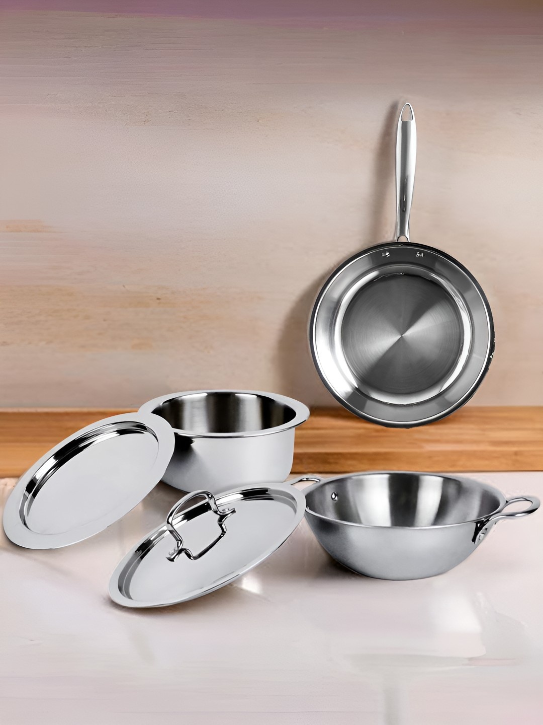 

USHA SHRIRAM 3 Pieces Triply Stainless Steel Dishwasher Safe Cookware Set