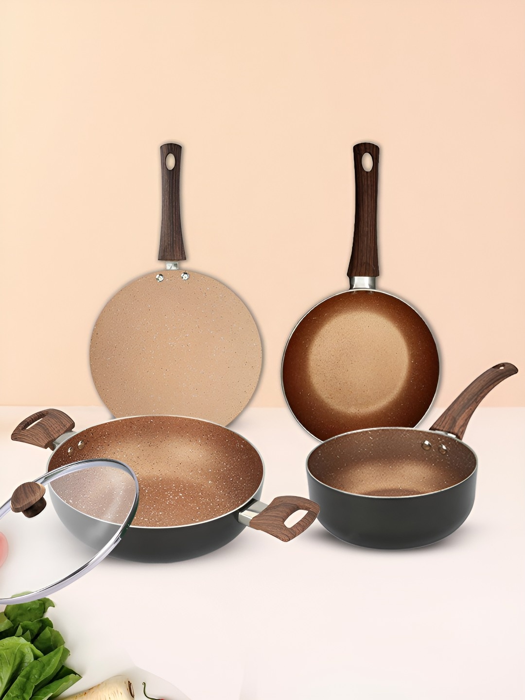 

USHA SHRIRAM 4 Pcs Non-Stick Frying Pan, Tawa, Grill Pan, Sauce Pan, Bronze