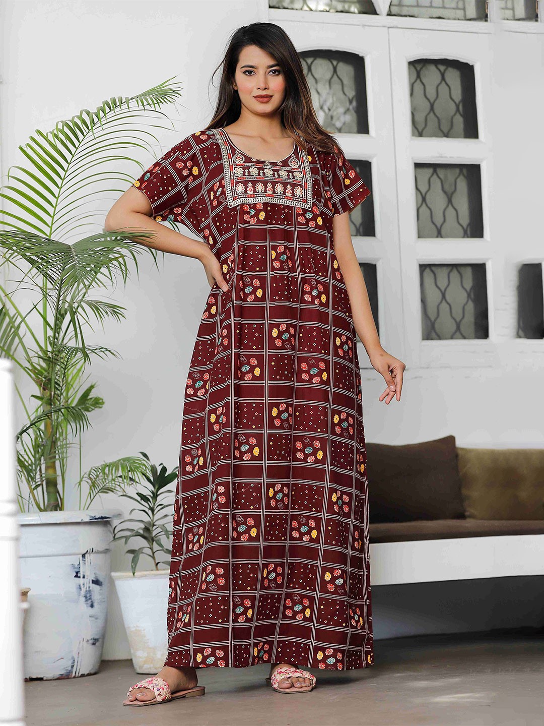 

G4Girl Cotton Printed Maxi Nightdress, Maroon