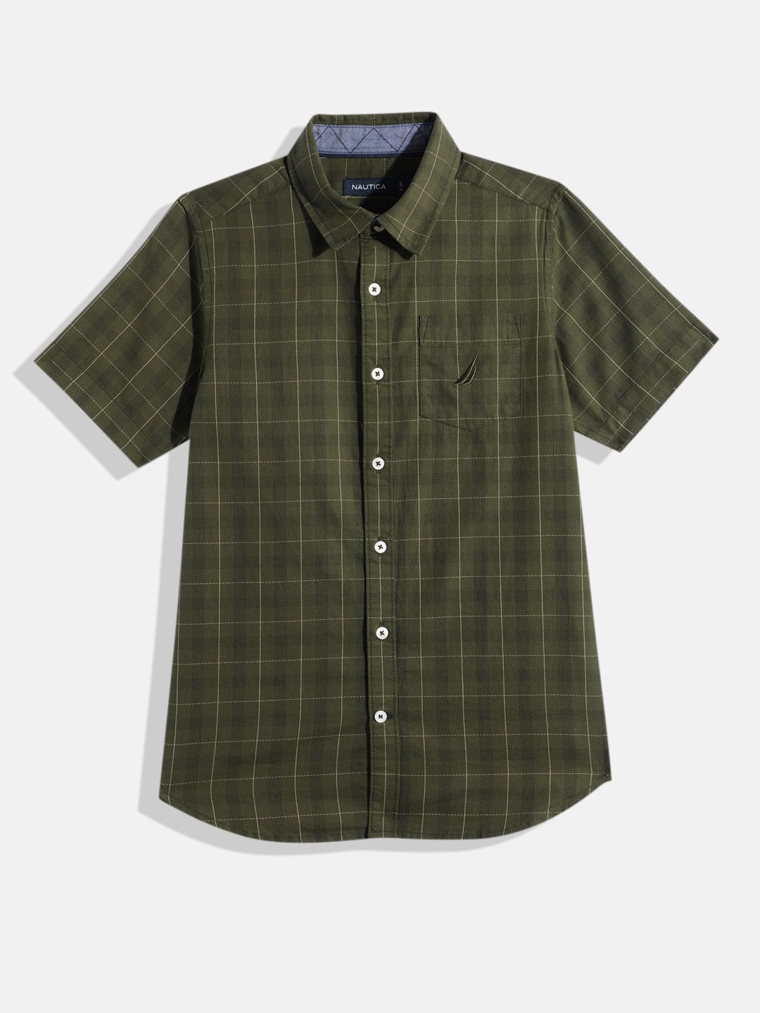 

Nautica Boys Windowpane Checked Pure Cotton Casual Shirt, Olive