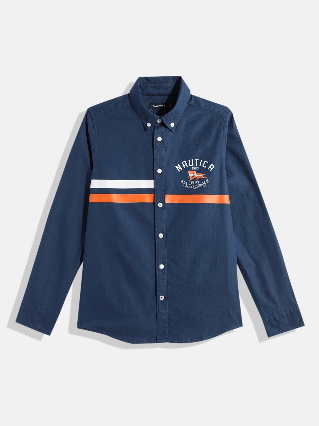 

Nautica Boys Horizontal Striped Opaque Pure Cotton Casual Shirt, Navy blue