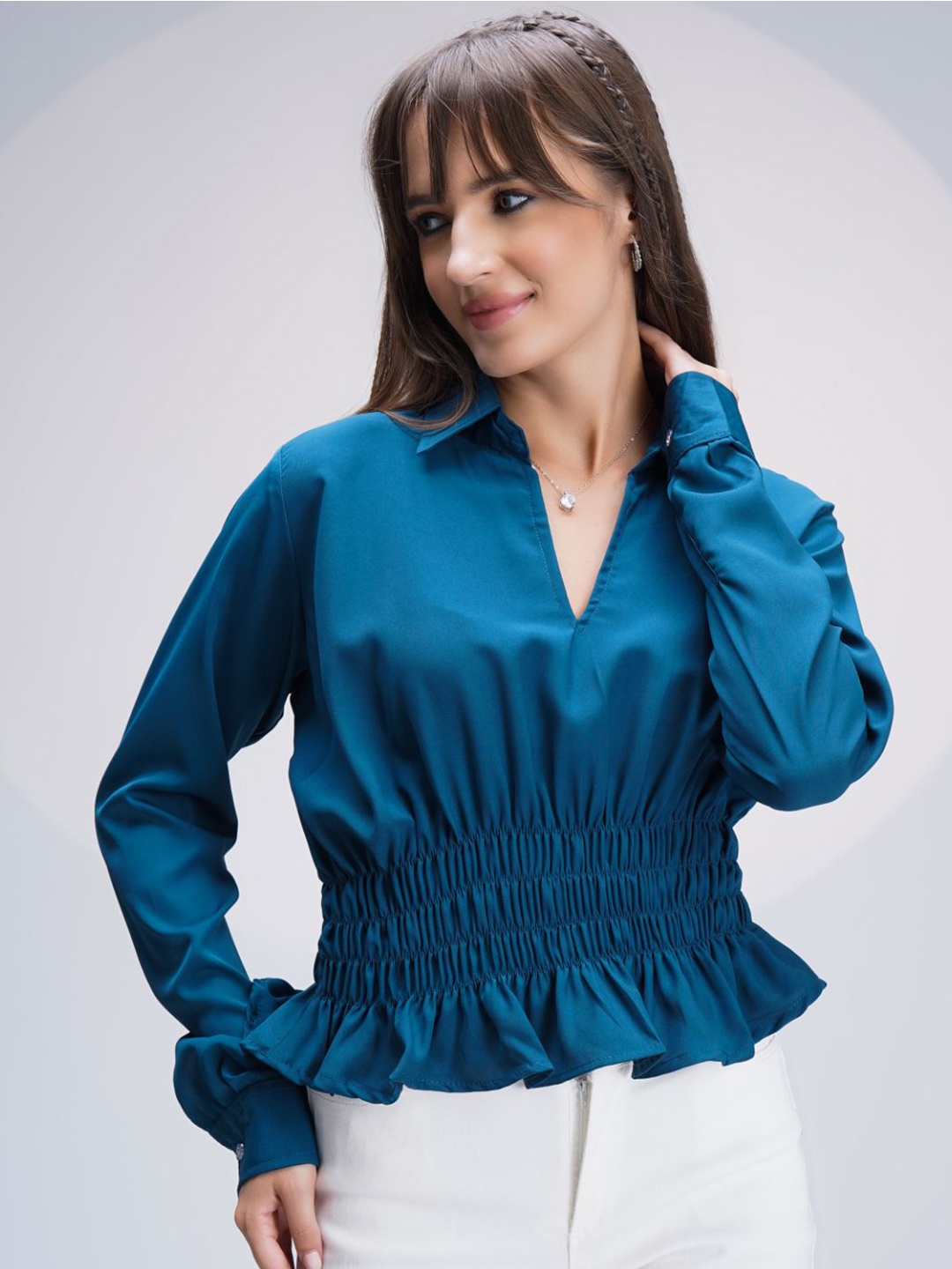 

WESTHOOD Shirt Collar Cinched Waist Solid Top, Blue