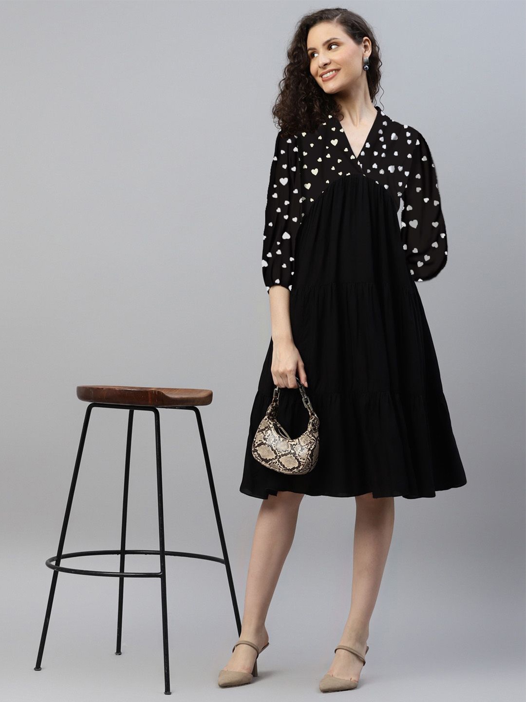 

DEEBACO Puff Sleeve A-Line Dress, Black