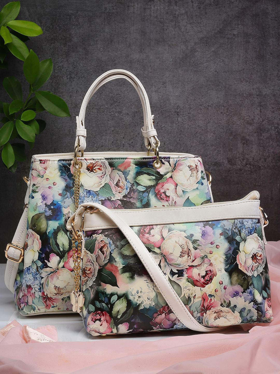 

Butterflies Floral Embellished PU Oversized Structured Handheld Bag, White