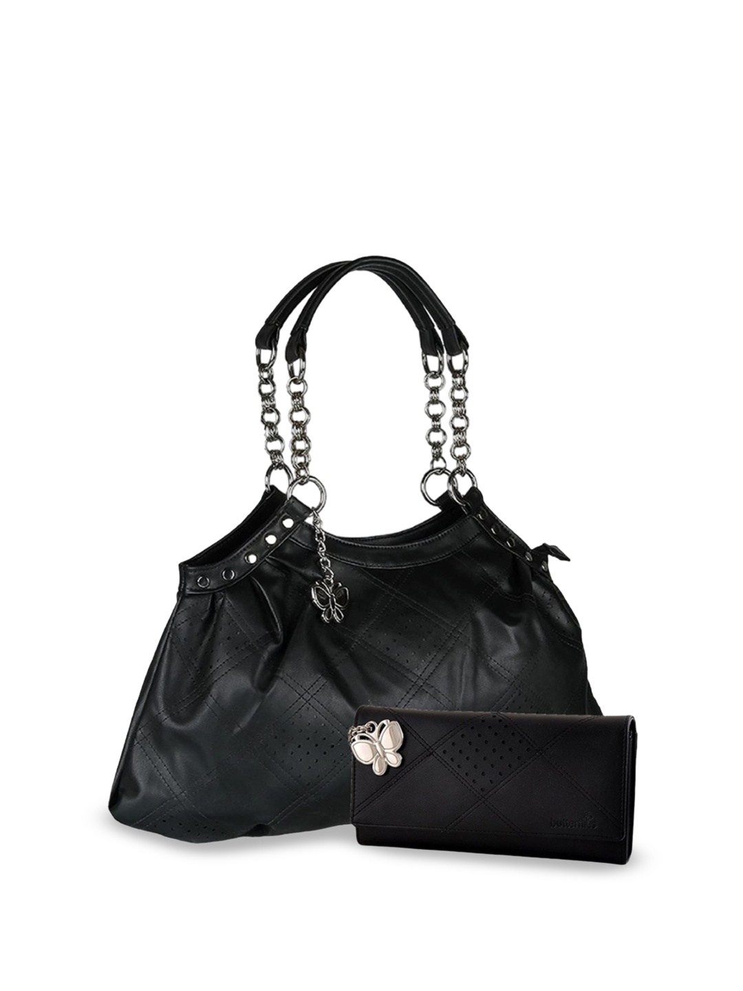 

Butterflies PU Bucket Handheld Bag with Quilted, Black