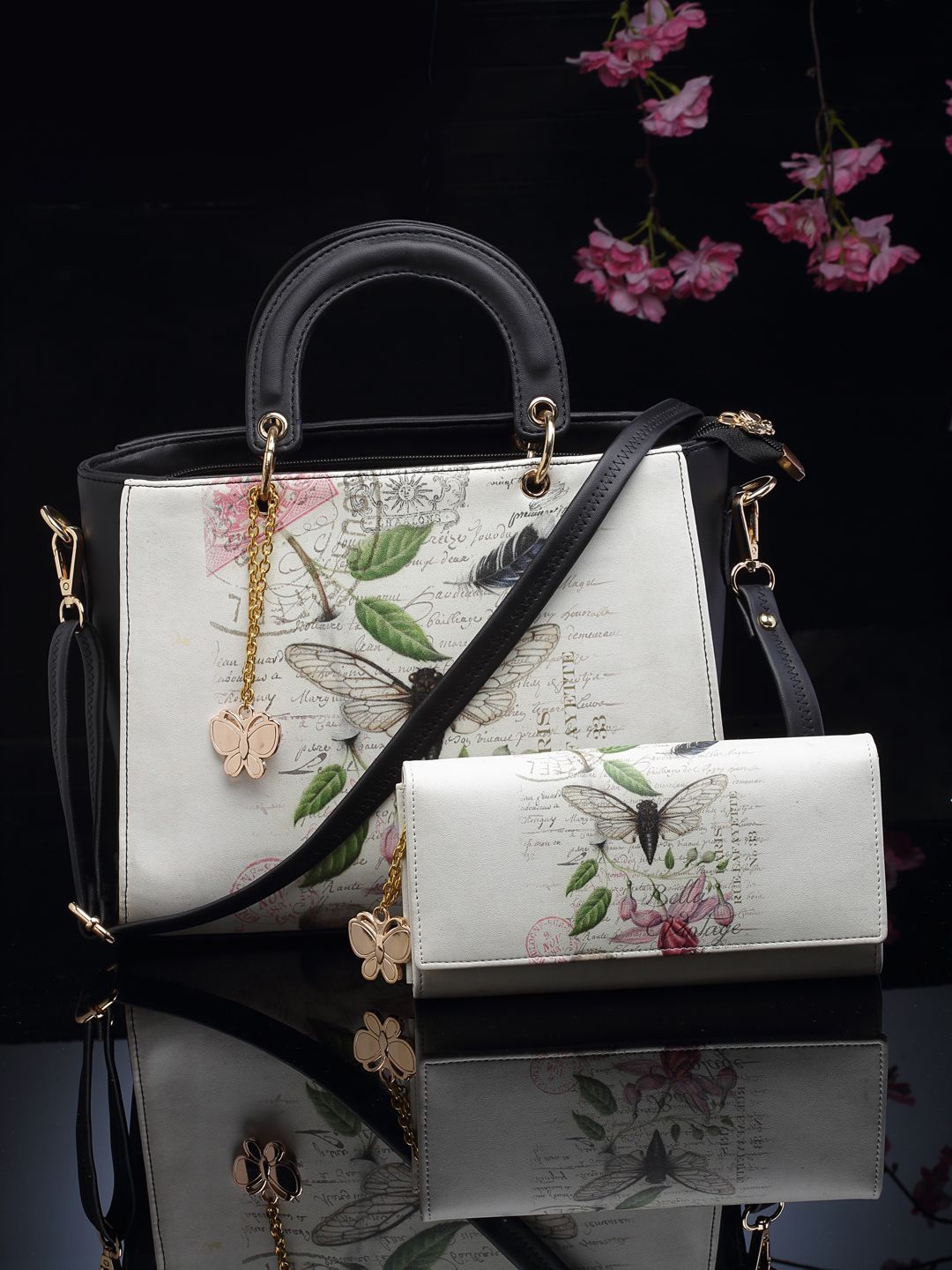 Butterflies Printed PU Oversized Structured Shoulder Bag, White