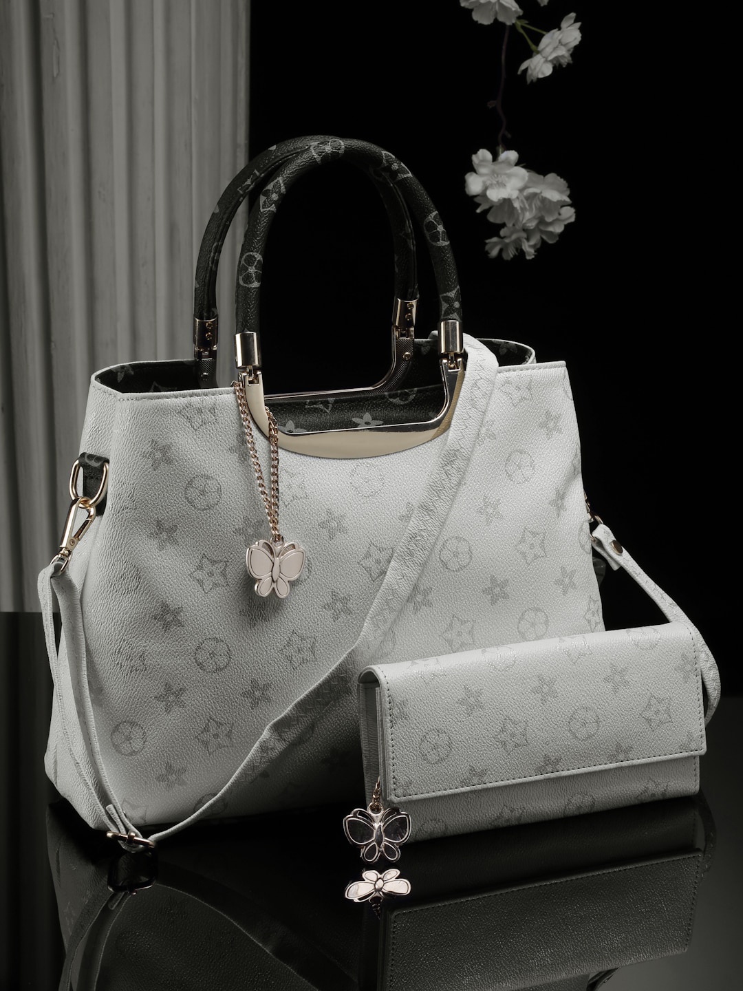 

Butterflies Textured Graphic Printed PU Shopper Handheld Bag with Applique, White