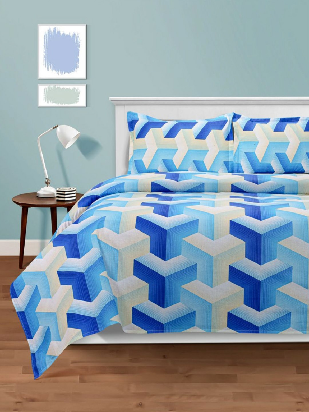 

Aura Green & Blue Geometric 160 TC King Bedsheet with 2 Pillow Covers