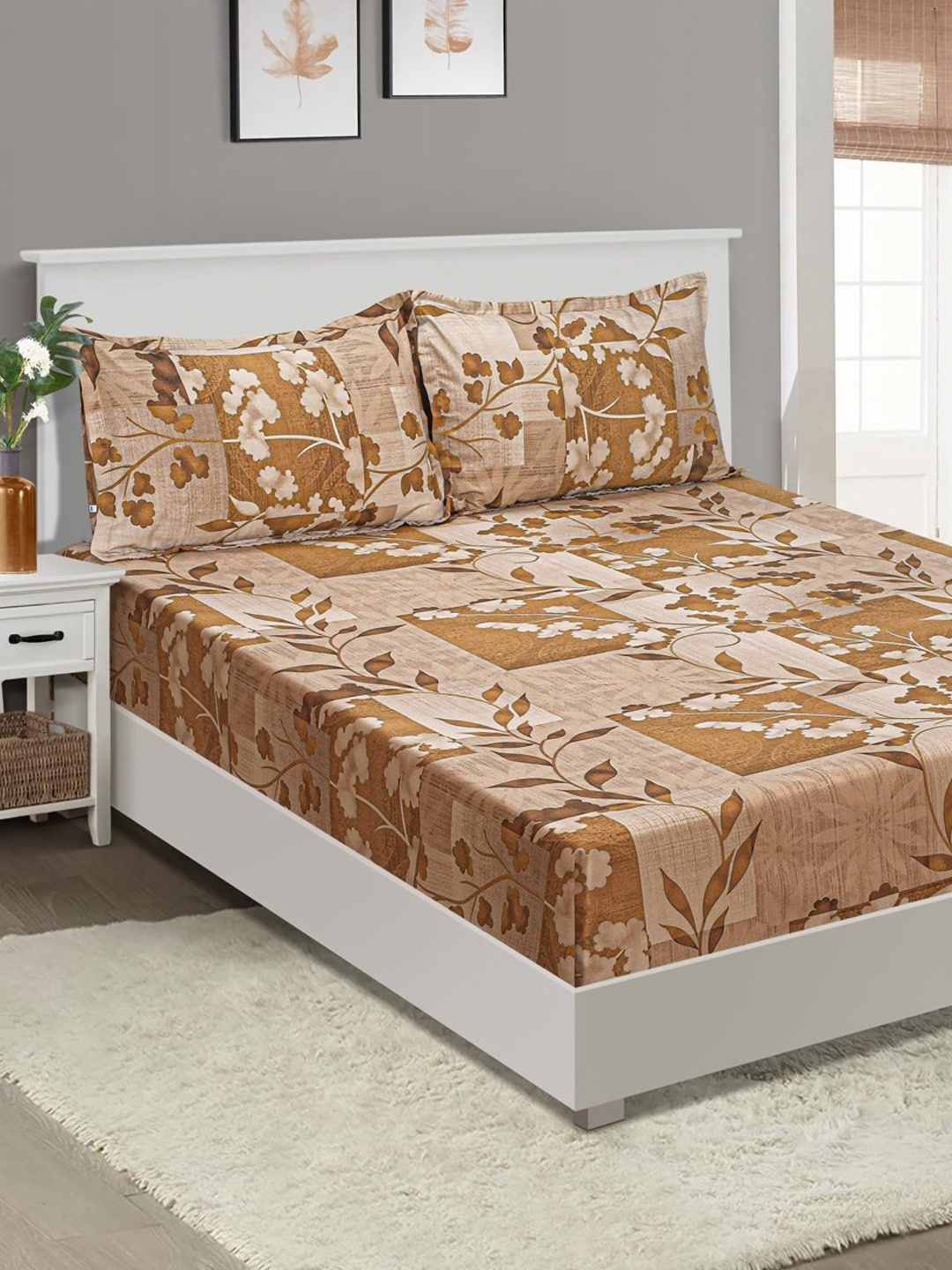 

Aura Cream-Coloured & Brown Floral 160 TC King Bedsheet with 2 Pillow Covers