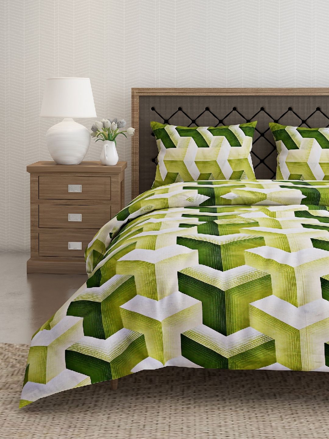 

Aura Green & Lime Green Printed 160 TC Cotton King Bedsheet With 2 Pillow Covers