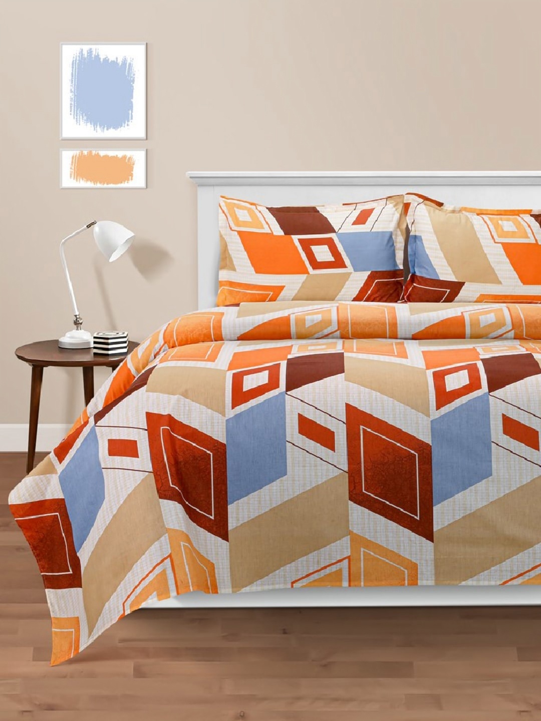 

Aura Beige & Orange Printed 160 TC Cotton King Bedsheet With 2 Pillow Covers