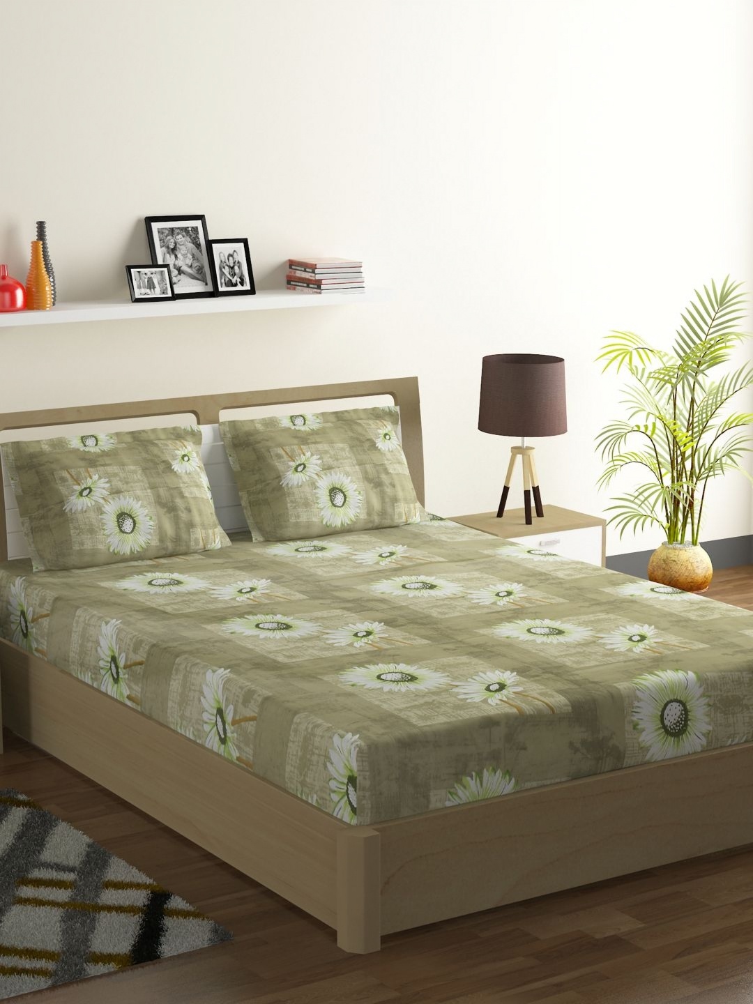 

Aura Beige & Green Floral 140 TC King Bedsheet with 2 Pillow Covers
